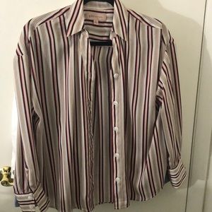 A red, black, and white lined Philosophy women top